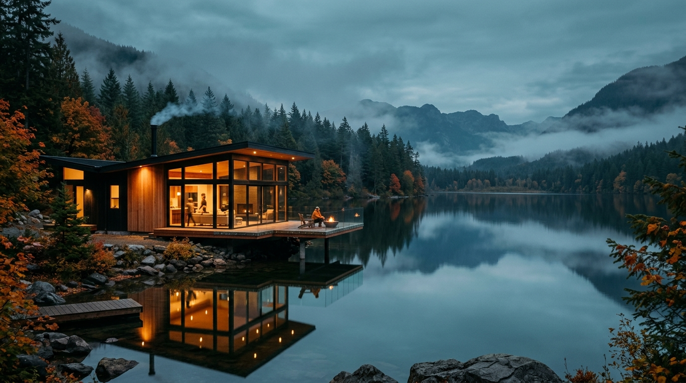 Vesper-hytten ved blue hour ud over søen