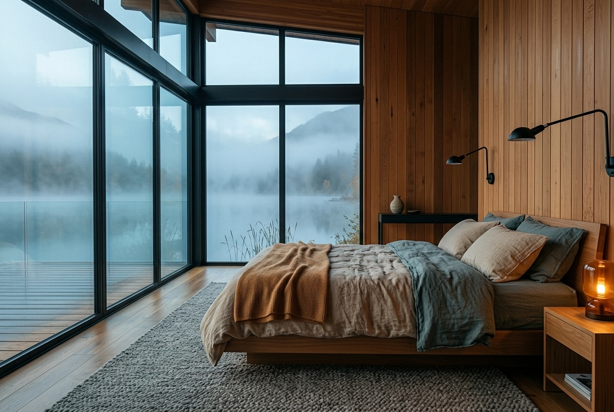 Hovedsuitens seng skubbet ud til glasset, med tåge på søen